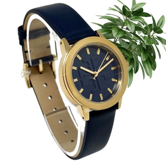 NWT TORY BURCH The Gigi Gold-Tone and Navy Leather Watch TBW2001